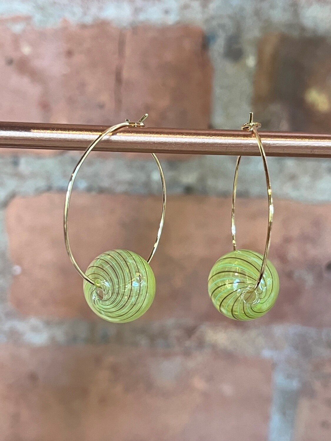 Tsay Earrings Small Green Glass on Gold Wire