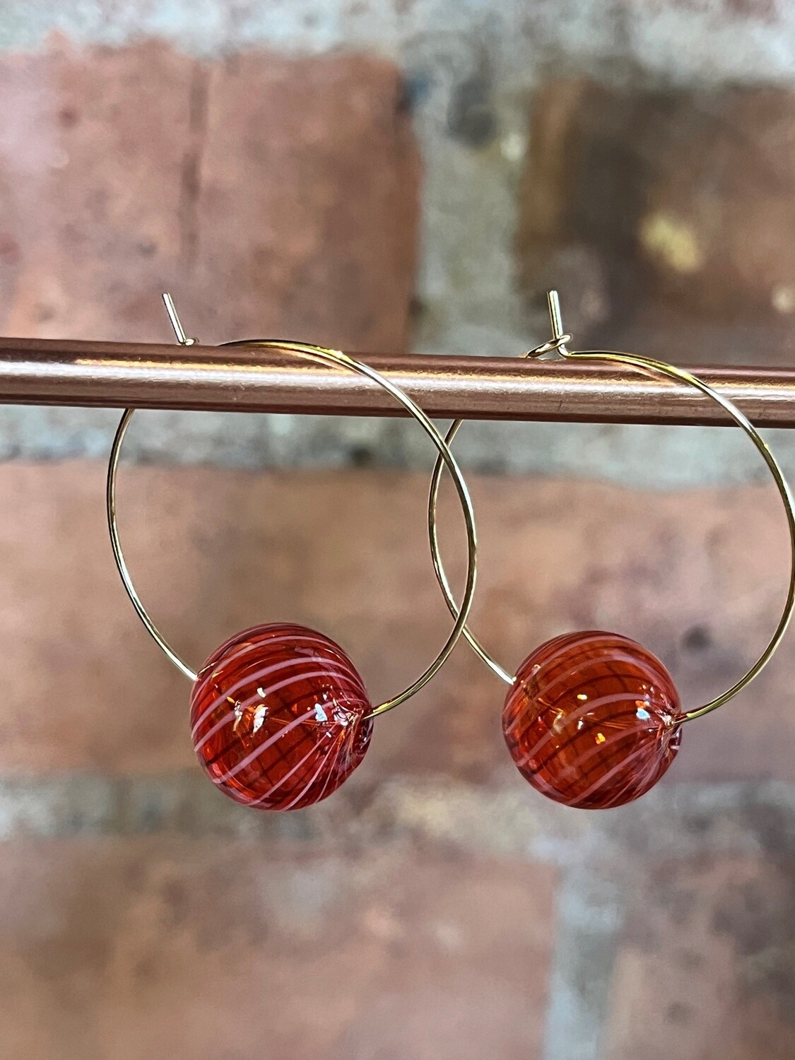 Tsay Earrings Small Red Glass on Gold Wire