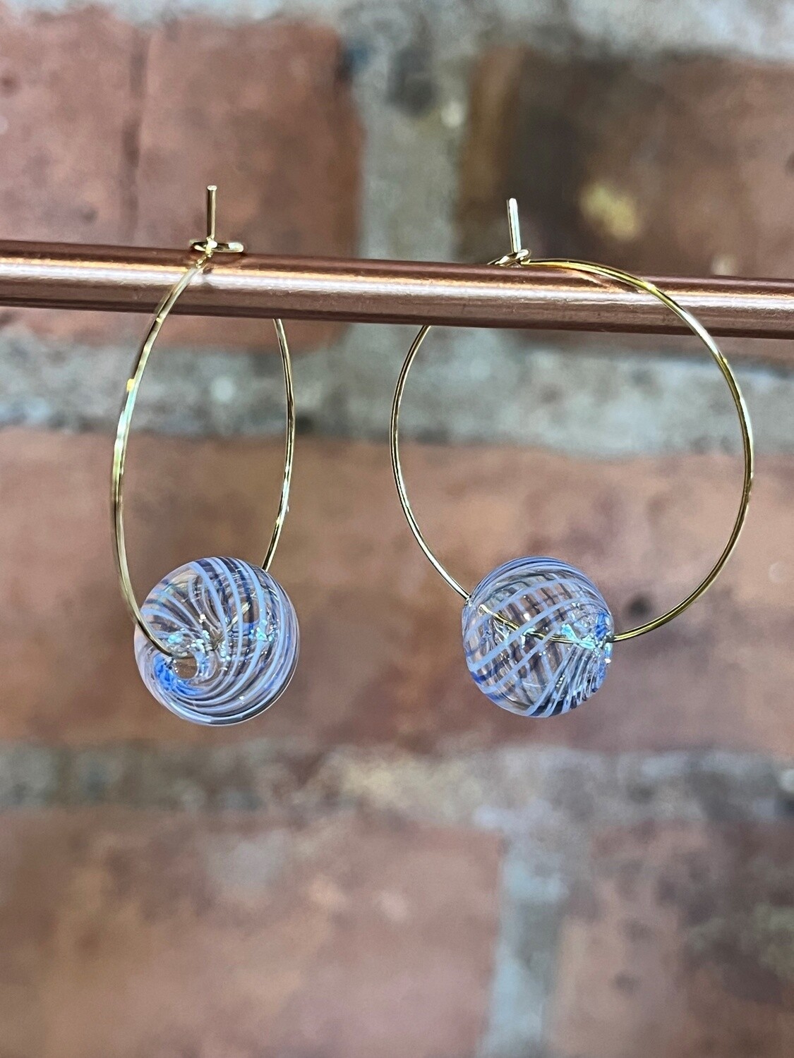 Tsay Earrings Small Blue Glass on Gold Wire