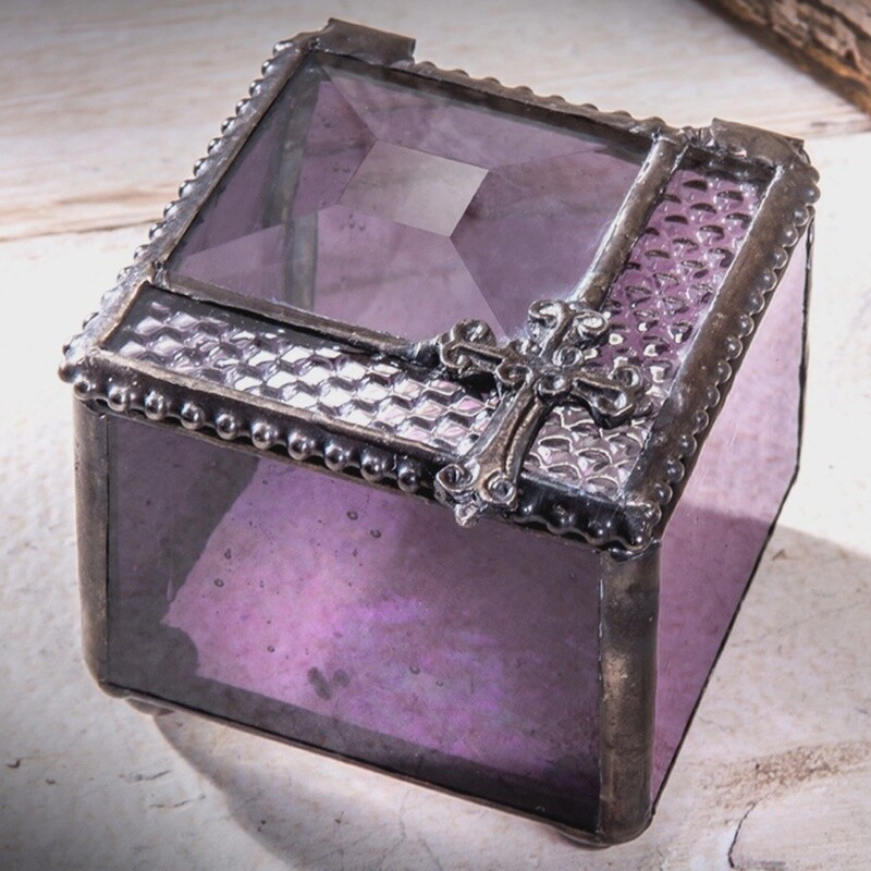 J Devlin Rosary Glass Box Purple W/Cross