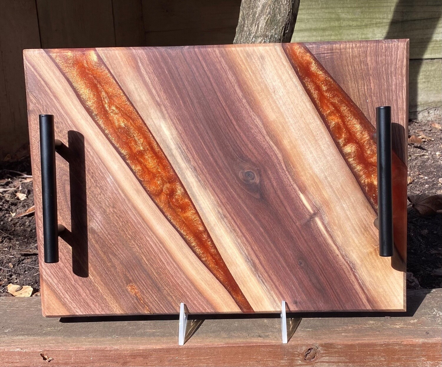 GM Charcuterie Board Walnut Bronze Resin Cut on 45 Angle
