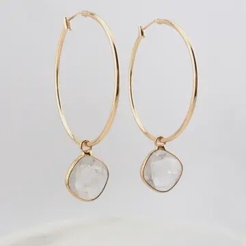 Edgy Petal Earrings Large Gold Hoops with Quartz Drops