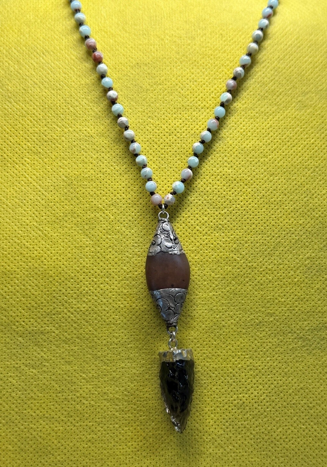 Robb Necklace Knotted Paravian Opal w/Carnelian and Smoky Quartz