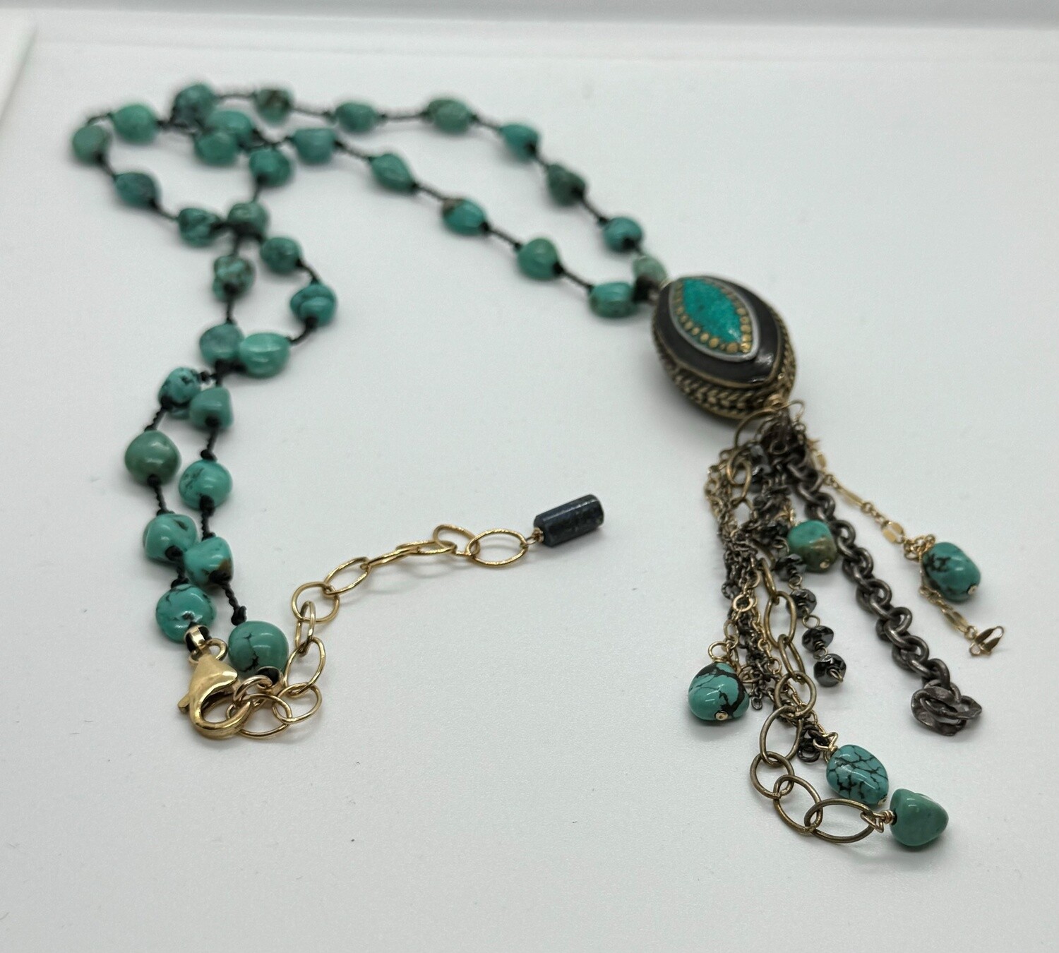 Robb Necklace Turquoise on Silk with Chain Fringe