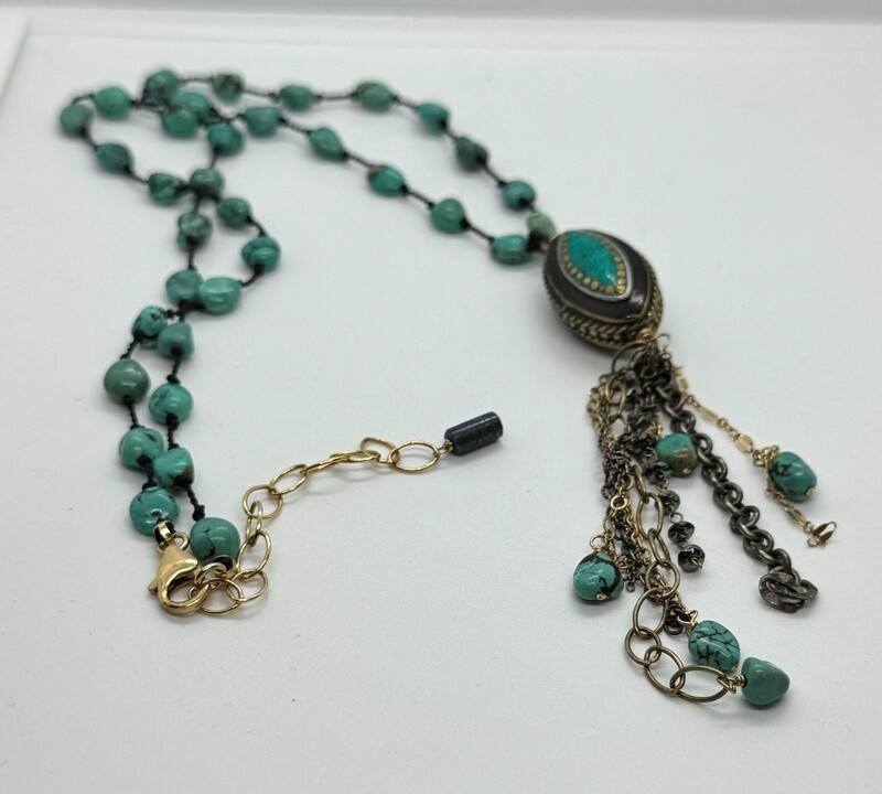 Robb Necklace Turquoise on Silk with Chain Fringe