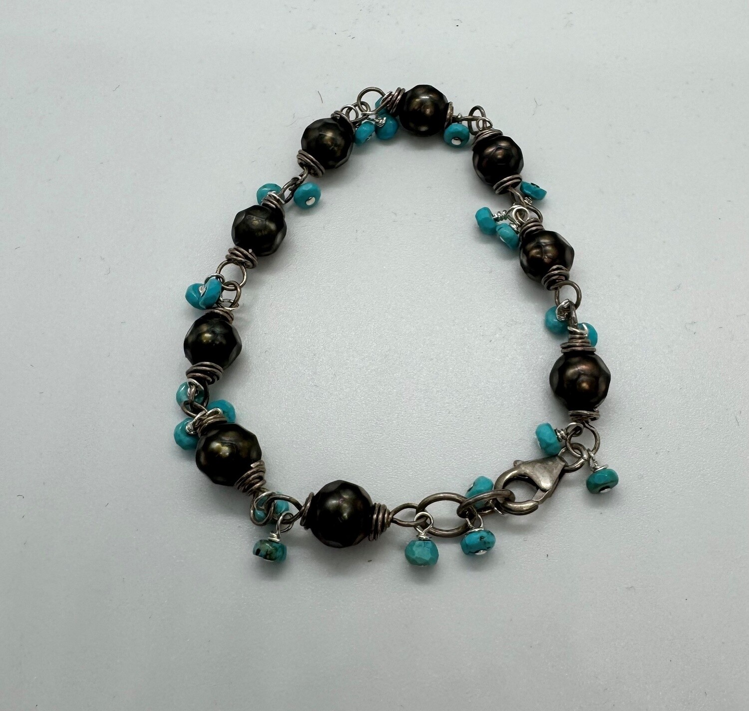 Robb Bracelet Faceted Pearl Rosary Style w/Turquoise Jangles