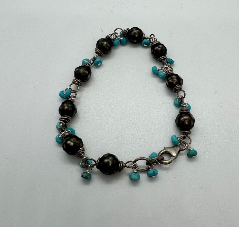 Robb Bracelet Faceted Pearl Rosary Style w/Turquoise Jangles
