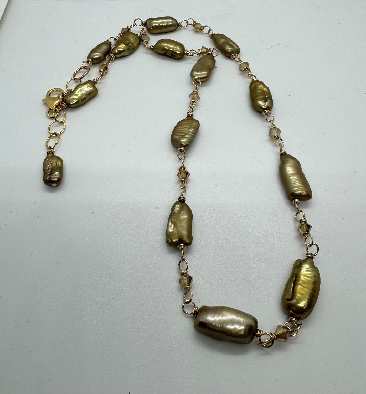 Robb Necklace Rosary Style Chartreuse Stick Pearl and Swarovski Crystals