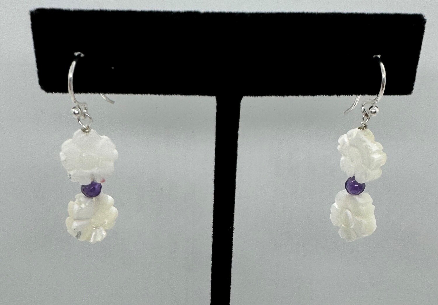 Trueworthy Earrings Double Flower Mother of Pearl w/Amethyst