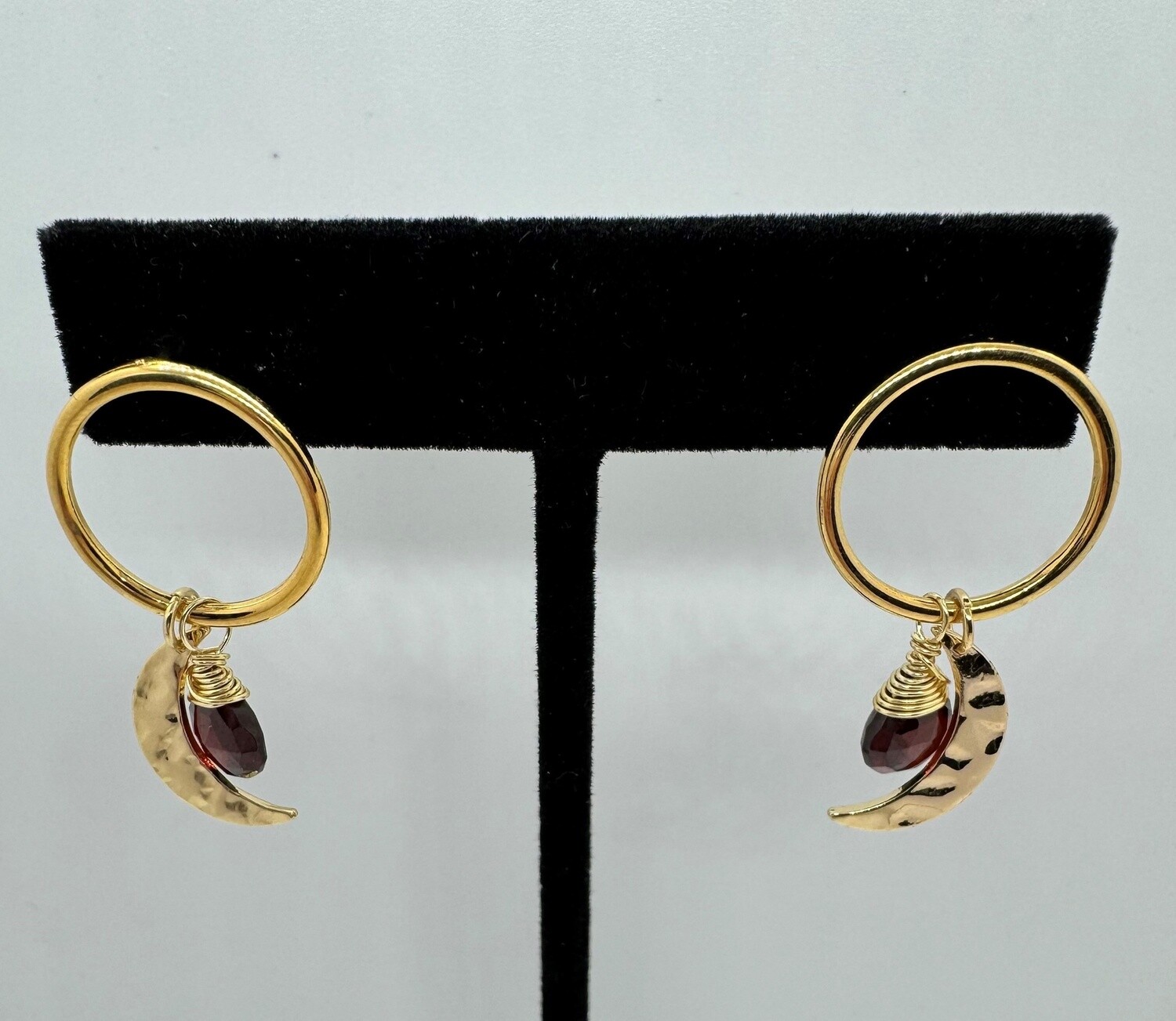 Cass Earrings Gold Plate Garnet and Moon Circle Studs