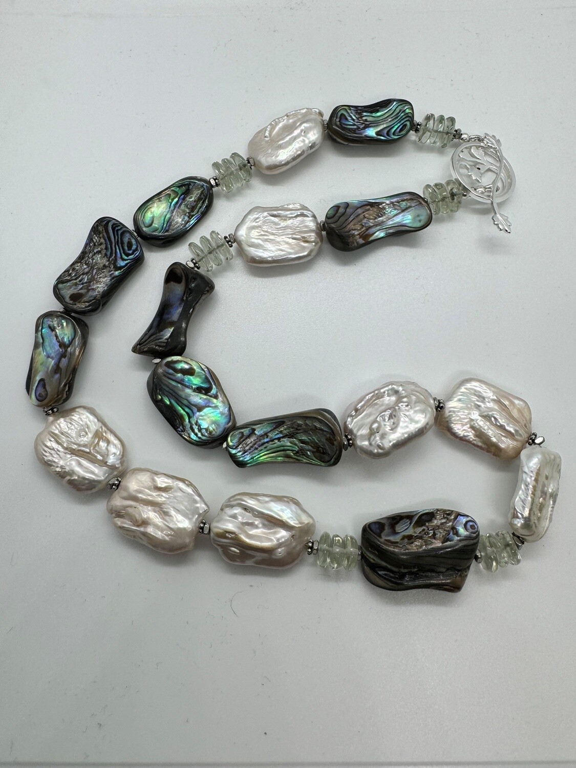 Cass Necklace Abalone, Baroque Pearl and Prasiolite