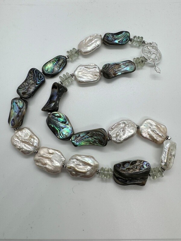 Cass Necklace Abalone, Baroque Pearl and Prasiolite