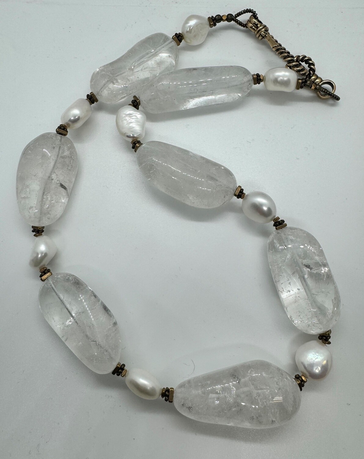 Cass Necklace Clear Quartz Chunks w/Pearl and Bronze