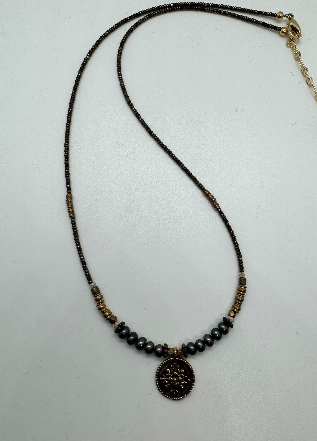 Cass Necklace Bronze Coin w/Peacock Pearls