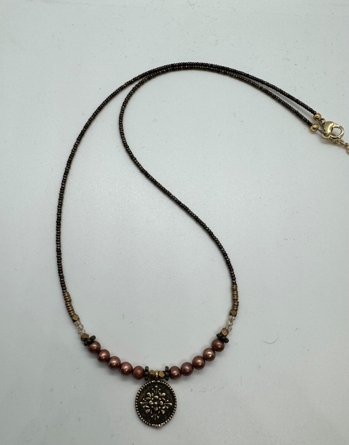 Cass Necklace Bronze Coin w/Mauve Pearls