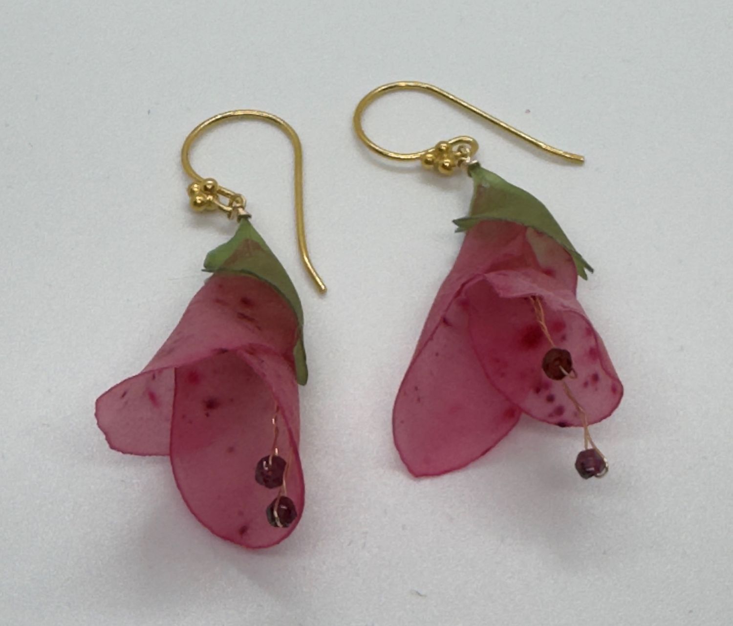 Turning Leaf Earrings Blossom Amarosa Rose Potato, Thai Green Papaya, Garnets