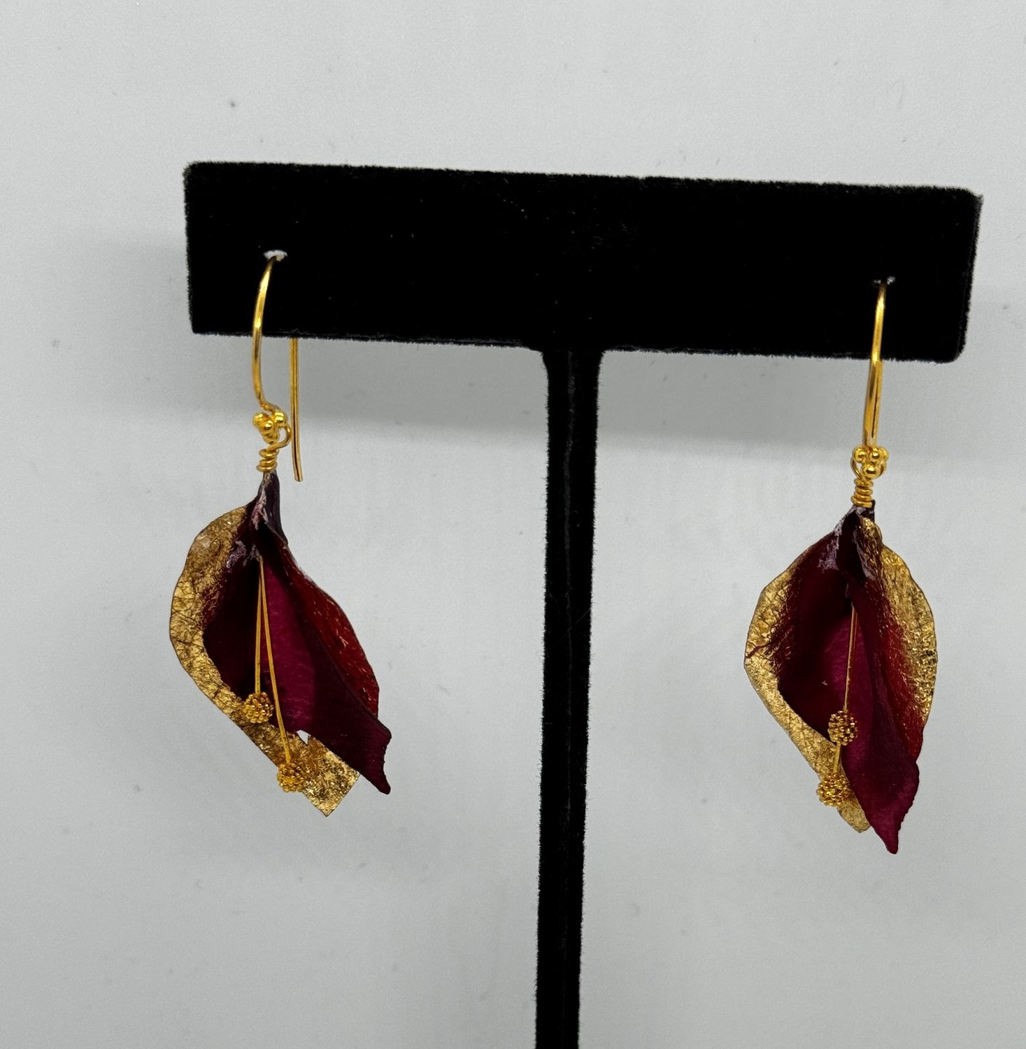 Turning Leaf Earrings Blossom Beet Gilded with Gold Leaf, 22K Gold Vermeil Stamens