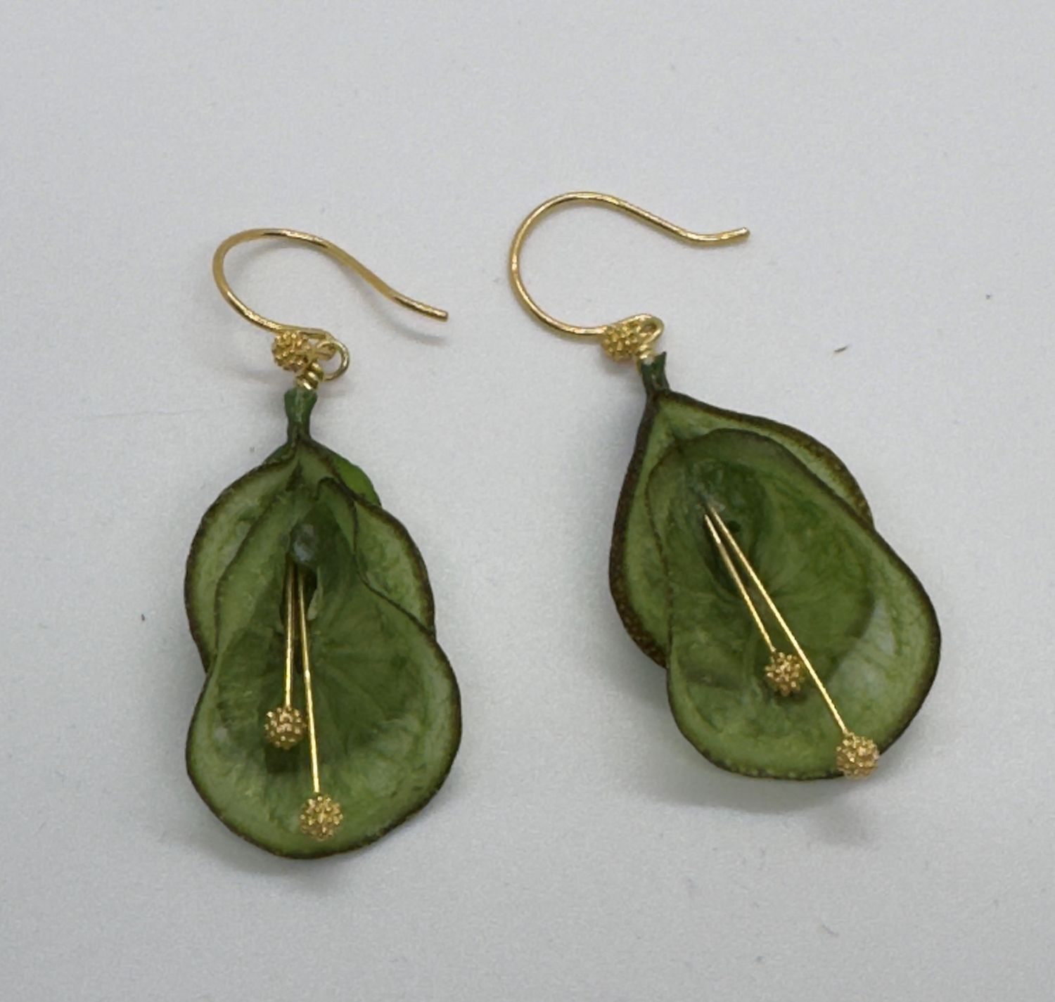 Turning Leaf Earrings Blossom Lime, Green Papaya, Granulated 22K Gold Vermeil Stamens