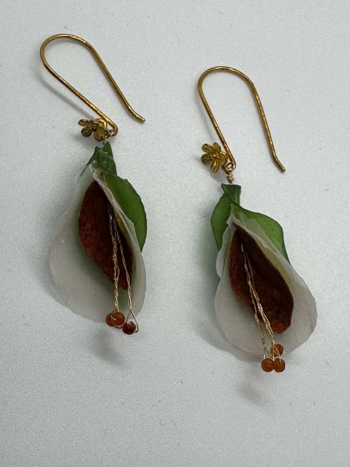 Turning Leaf Earrings Blossom Plum, Giled in Gold Leaf, White Potato, Green Papaya, Cannelian