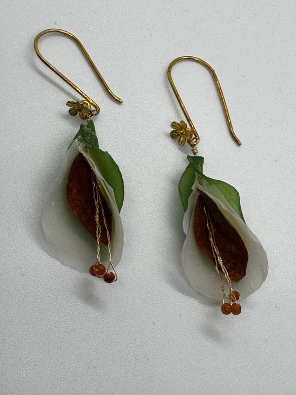 Turning Leaf Earrings Blossom Plum, Giled in Gold Leaf, White Potato, Green Papaya, Cannelian