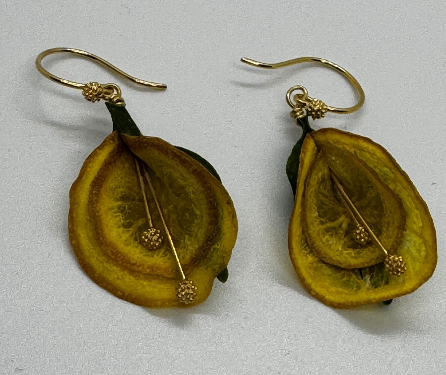 Turning Leaf Earrings Blossom Lemon, Chard, 22K Gold Vermeil Stamens