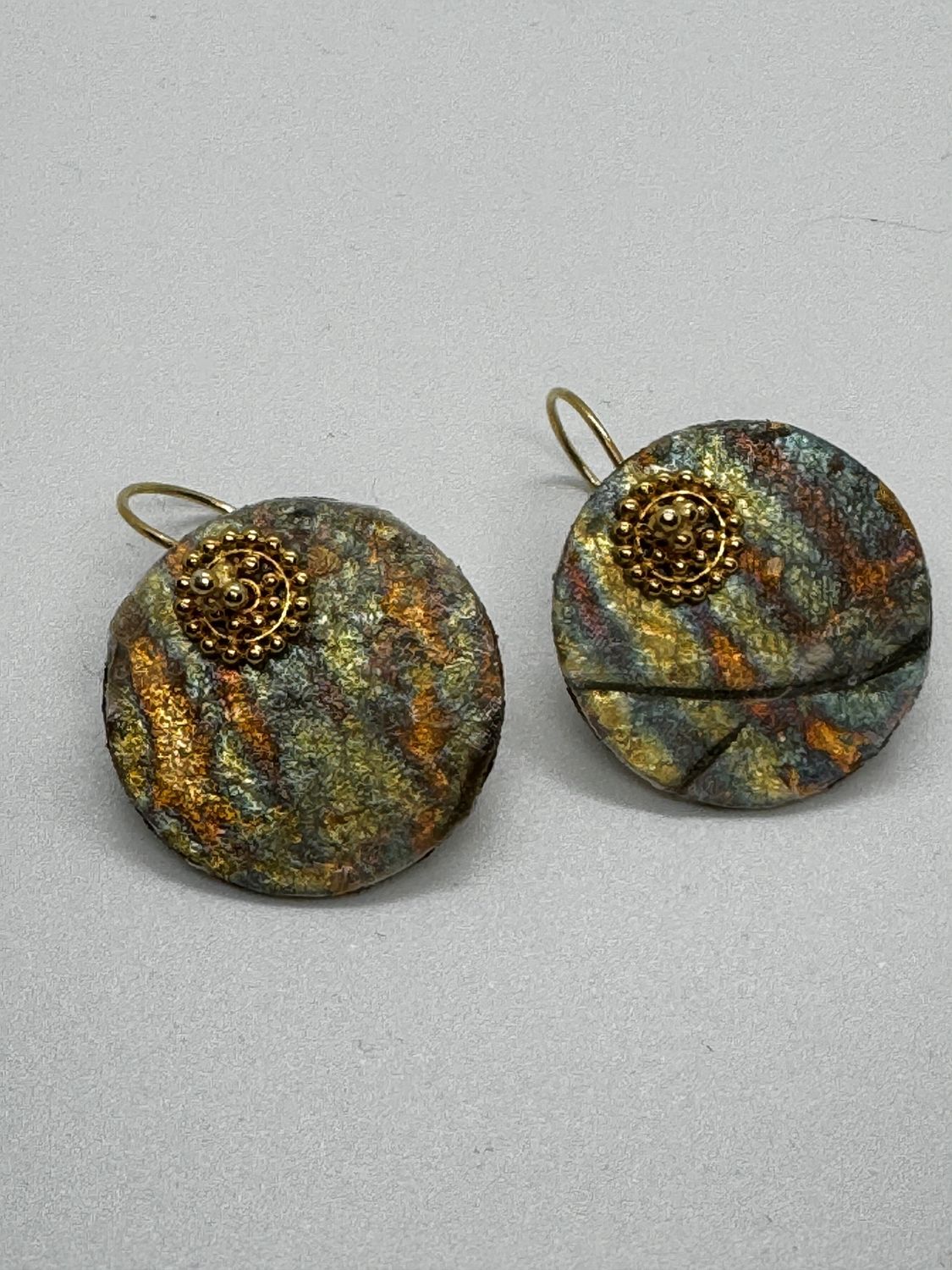 Turning Leaf Earrings Fruit and Vegetable Parchment Thai Green Papaya, Aya Gilded with Gold Leaf and 22K Gold Vermeil Medalion