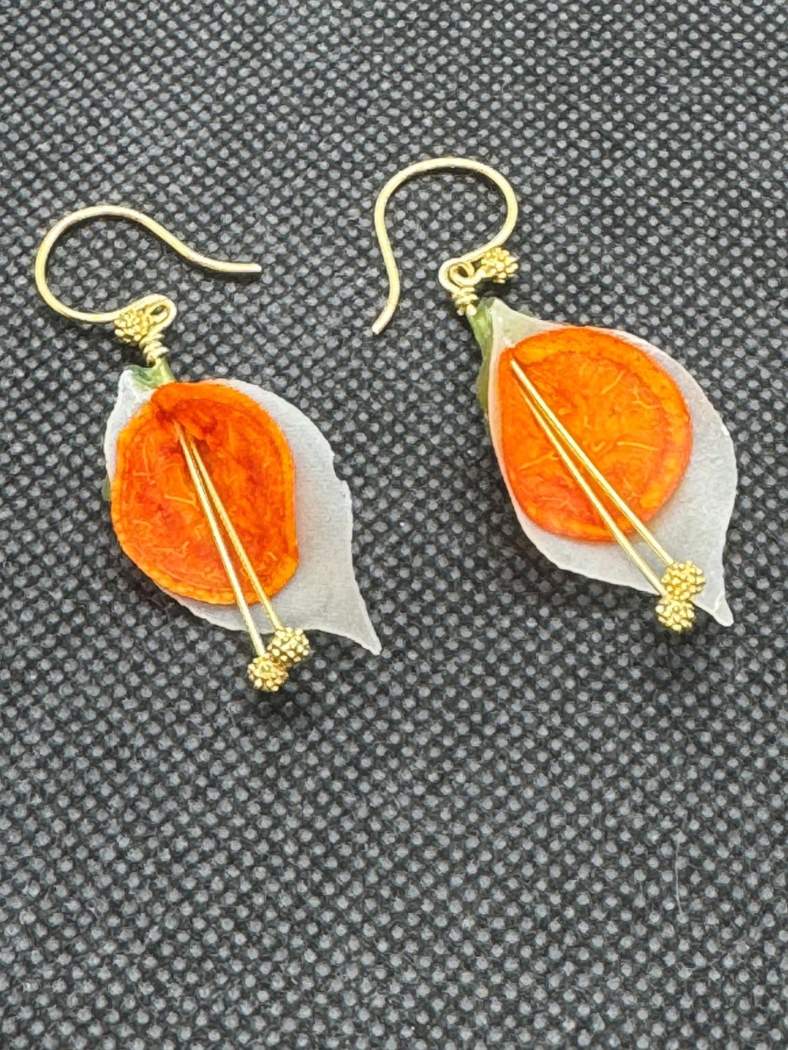 Turning Leaf Earrings Blossom  Kumquat, White Potato, Green Papaya, 22K Gold Vermeil Stamen
