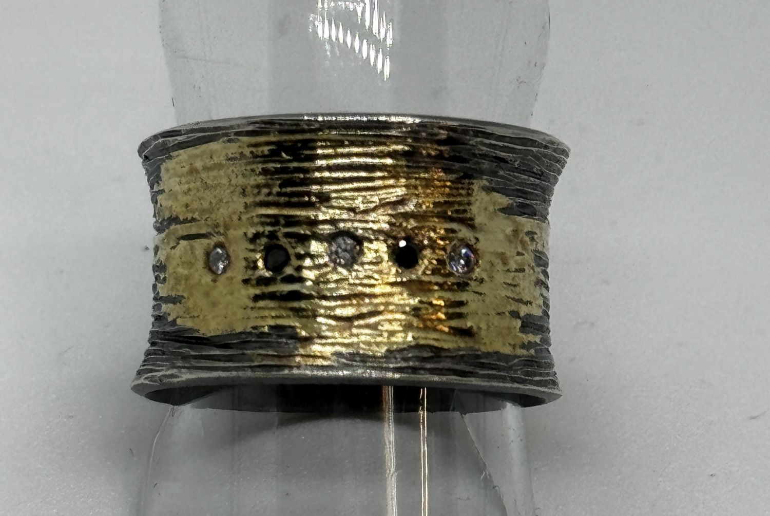 Keleher Ring Black and Gold 1/2&quot; Cigar Band Black &amp; White Diamonds