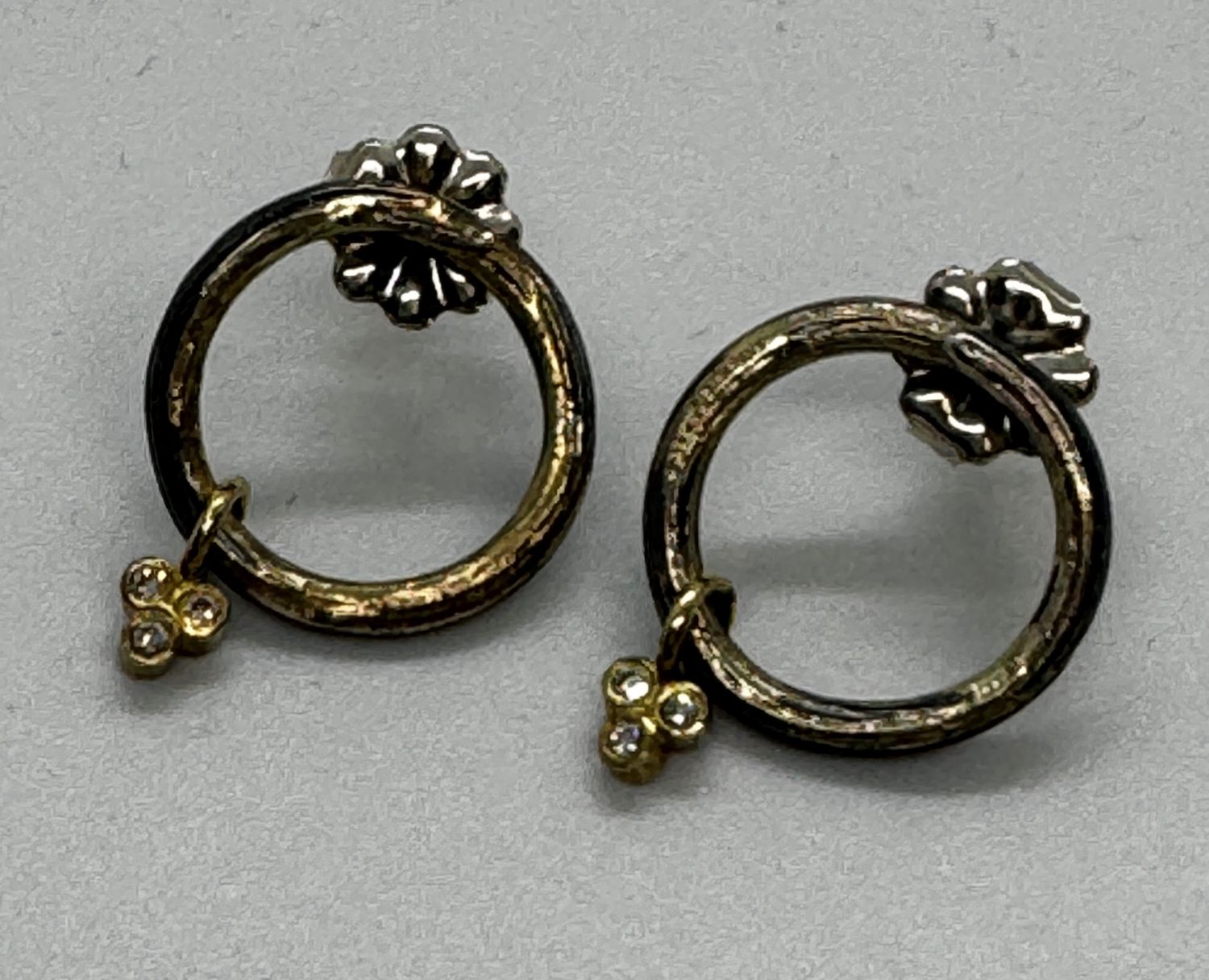 Keleher Earrings Black and Gold Carved Circle Posts with Diamonds