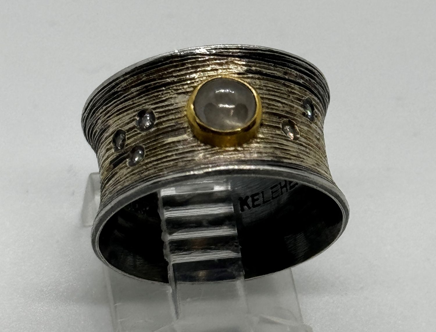 Keleher Ring Black and Gold 1/2&quot; Cigar Band White Cabochon Diamond
