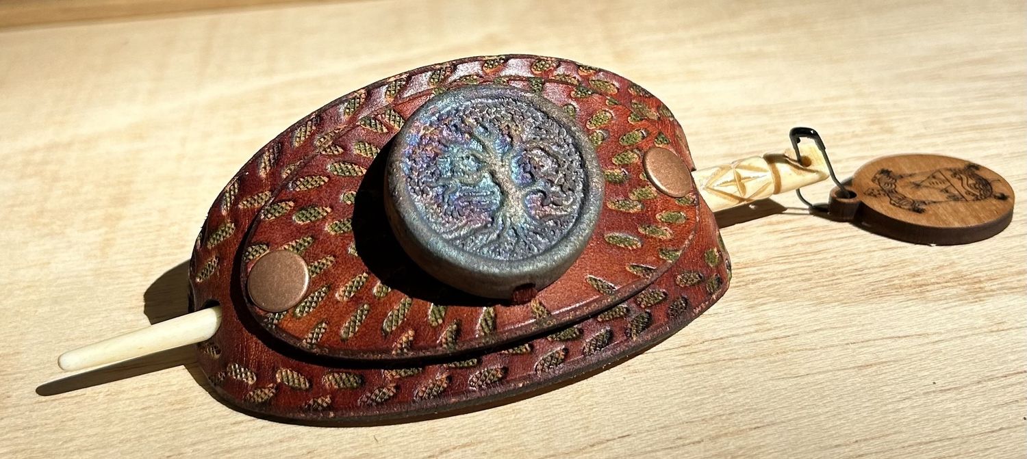 Ormsby Leather Hair Pin Brown with Tree Motif