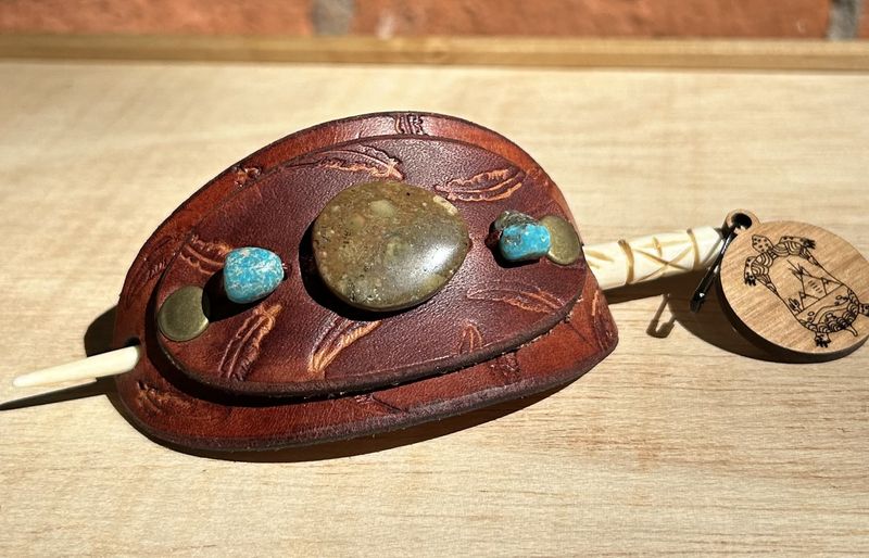 Ormsby Leather Hair Pin Center Brown stone with Turquoise Stones