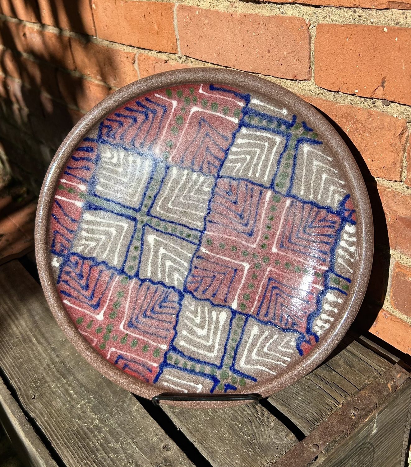 Okechukwu Large Shallow Bowl Pink with Blue Squares