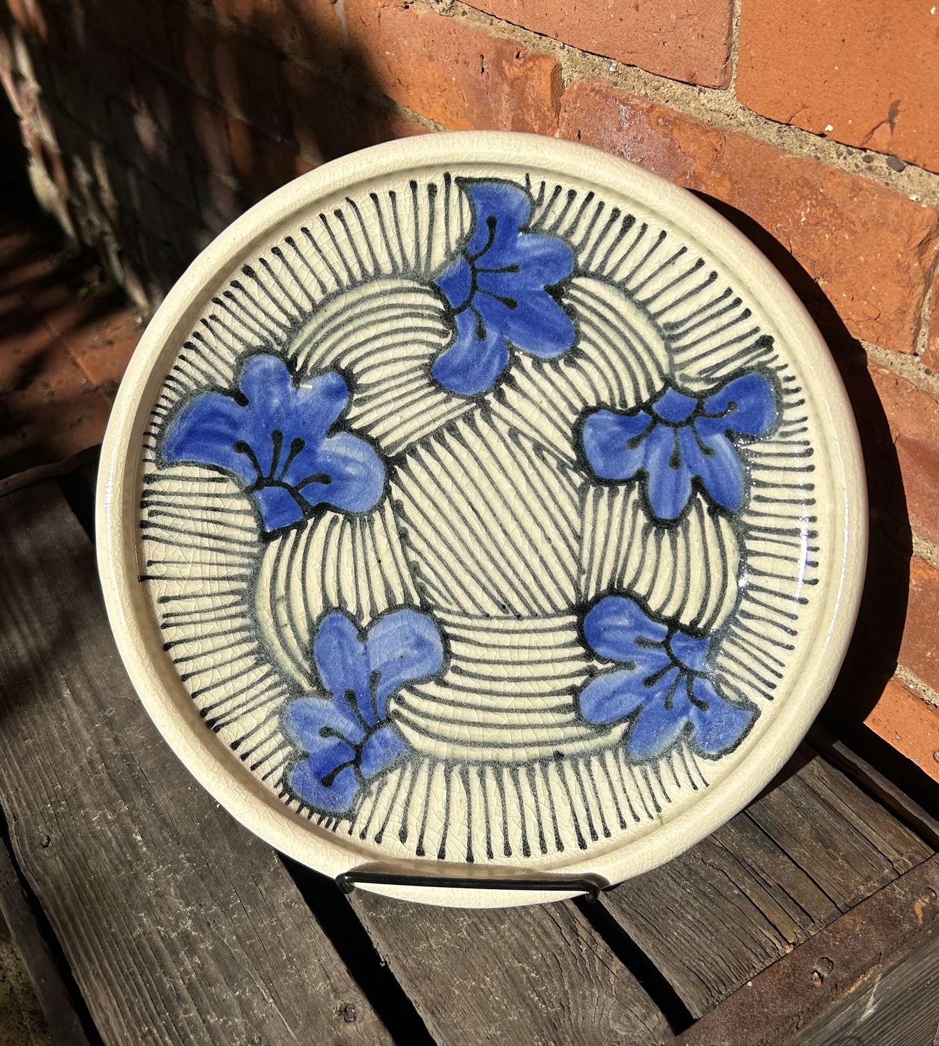 Okechukwu Large Shallow Bowl White with Blue Leaves