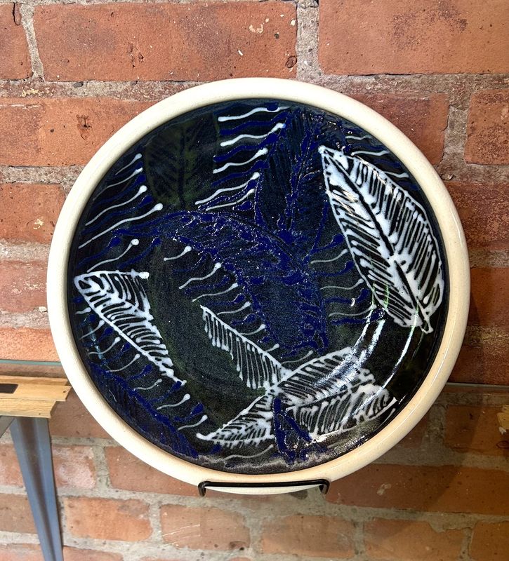 Okechukwu Shallow Bowl Green and Blue with White Leaves