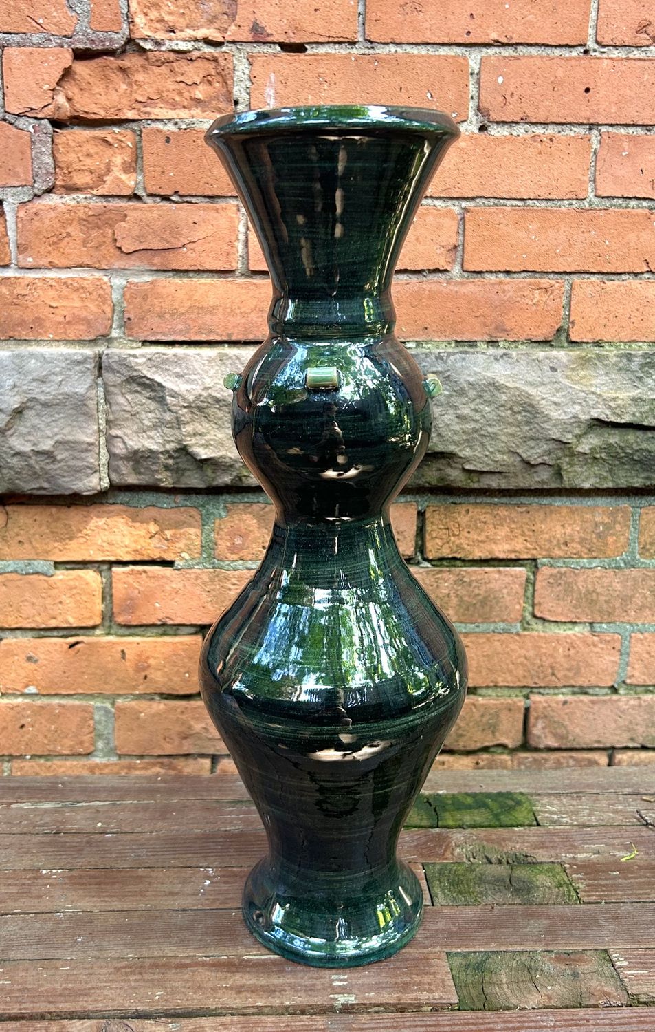 Okechukwu Large Vessel/Vase Dark Green with 3 &quot;Beads&quot;