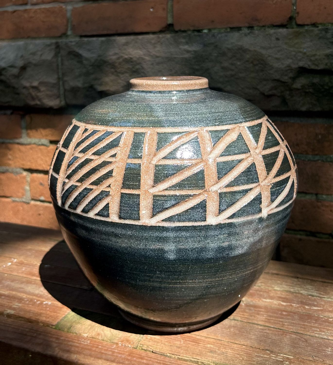 Okechukwu  Vessel/Vase Large Black and Tan Geometic