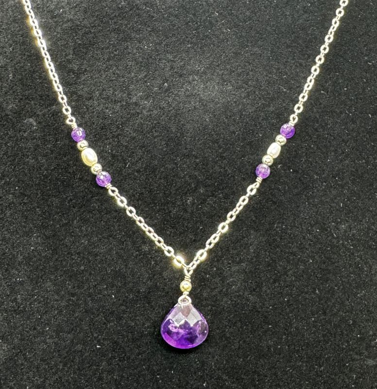 Greenhood Necklace Amethyst and Pearl with Faceted Teardrop Amathyst