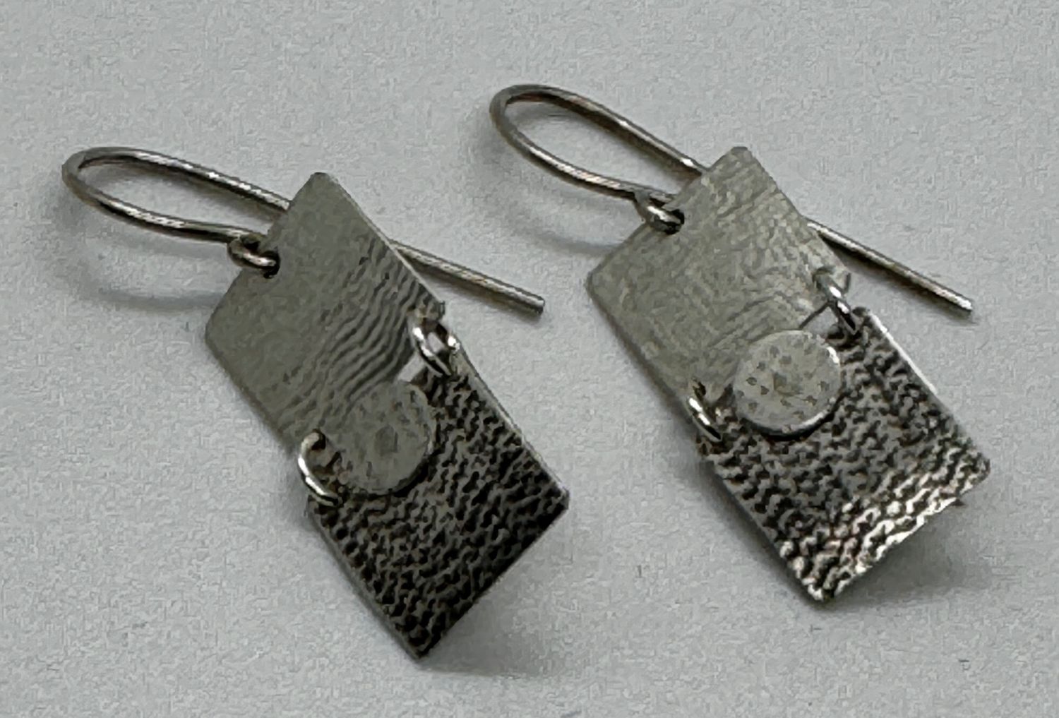 Bent Metal Earrings  Silver Squares with Circle