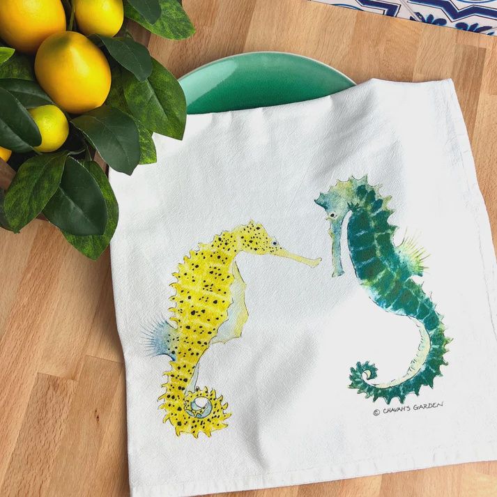 CHAVA&#39;S GARDEN SEAHORSES TEA TOWEL