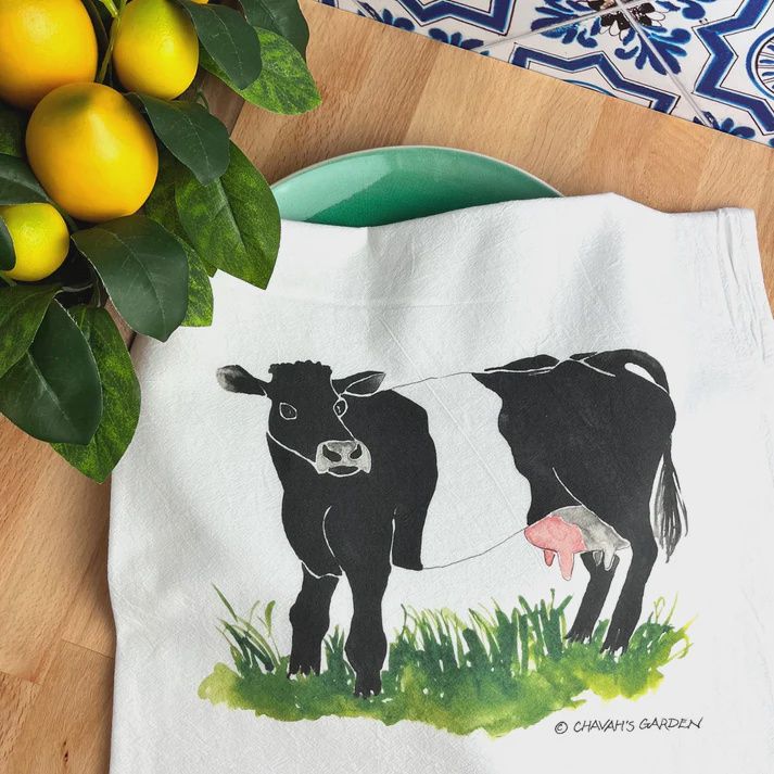 CHAVA&#39;S GARDEN COW TEA TOWEL