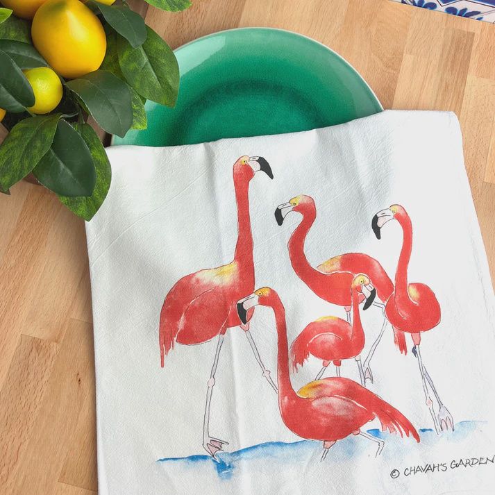 CHAVA&#39;S GARDEN FLAMINGOS TEA TOWEL