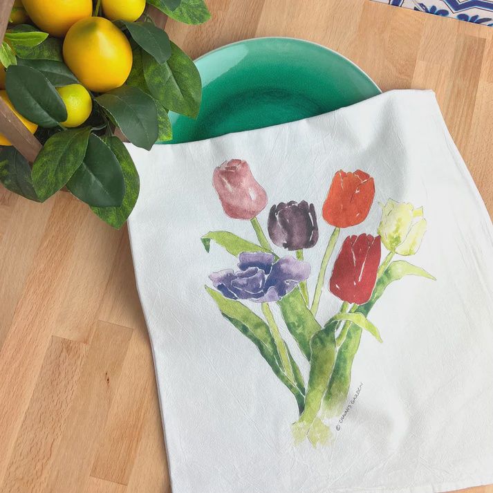 CHAVA&#39;S GARDEN TULIPS TEA TOWEL