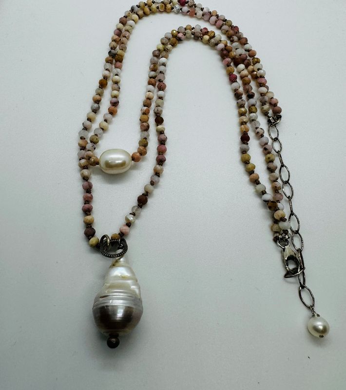 Robb Necklace Double Strand Faceted Pink Opal W Pearl Drop