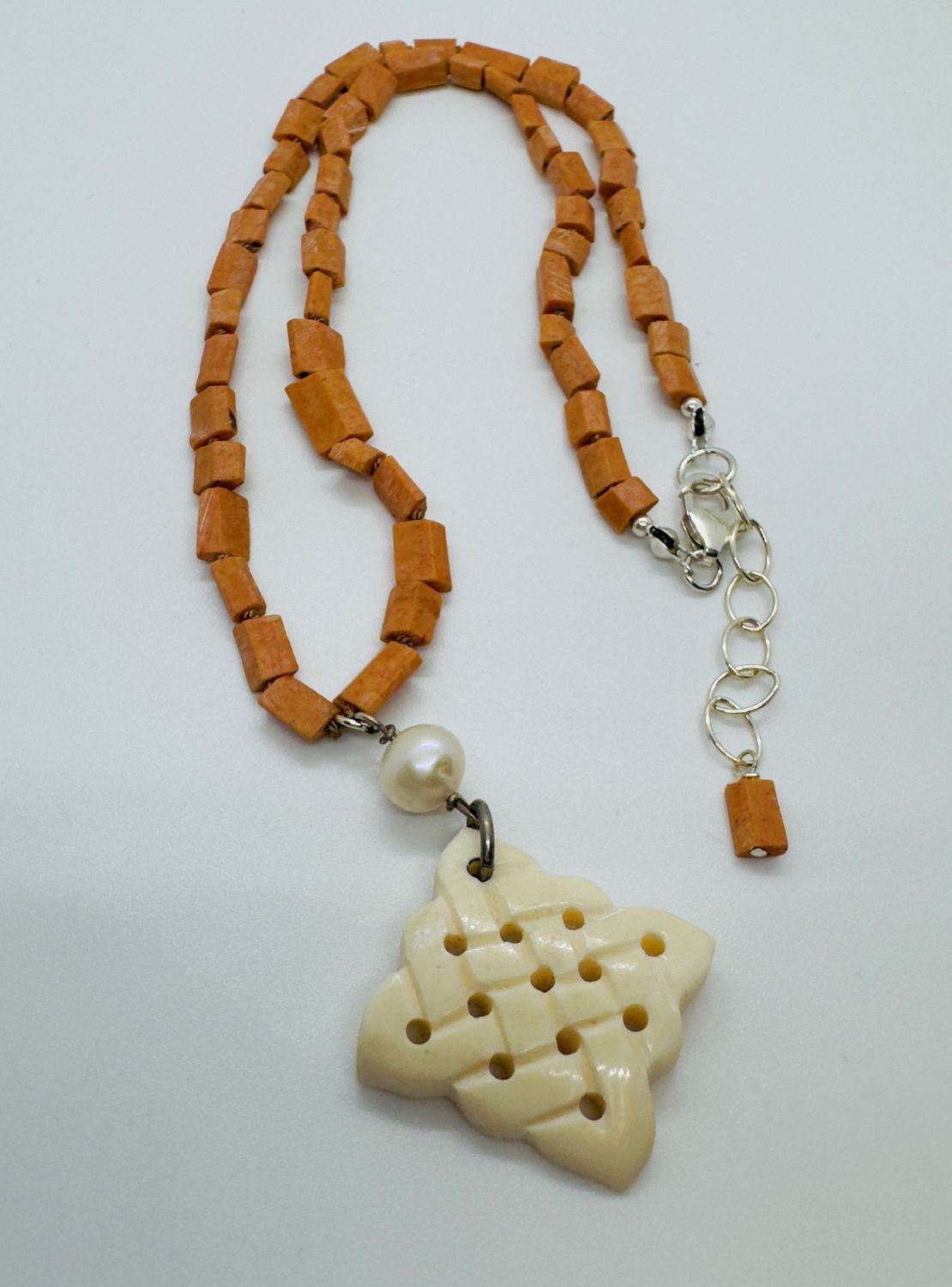 Robb Necklace Knotted Afhgan Coral w/Freshwater Pearl and Carved Bone