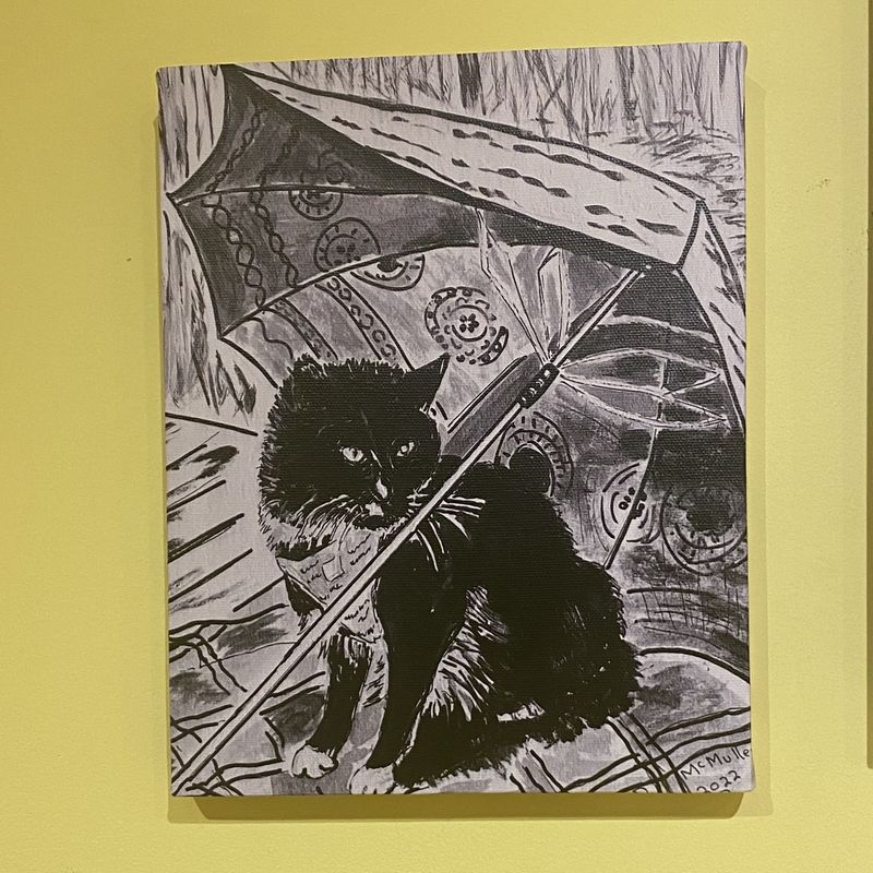 MCMULLEN Black and White Cat Under Umbrella
