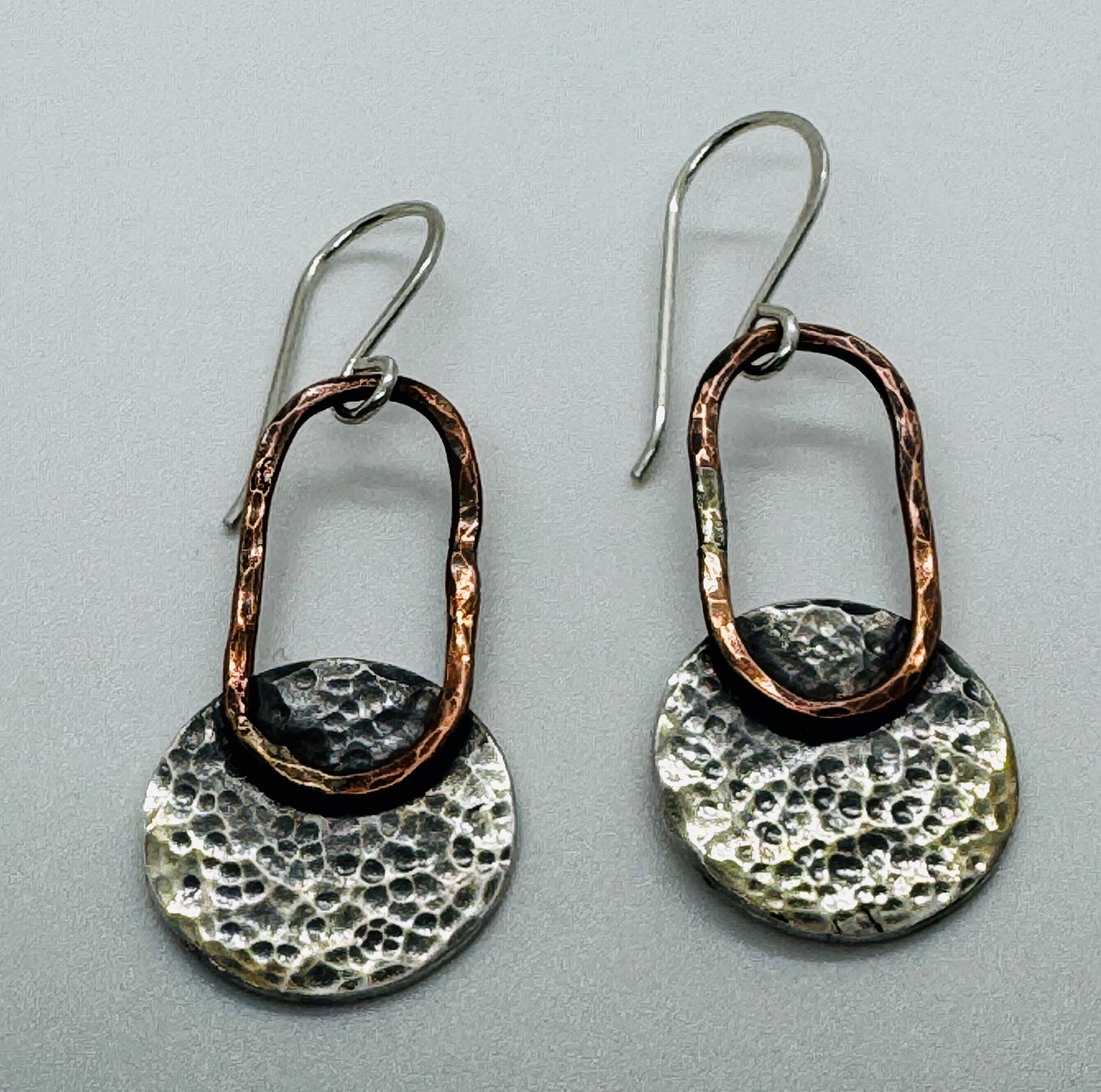 O&#39;Brien Earrings Hammered Silver Discs on Copper