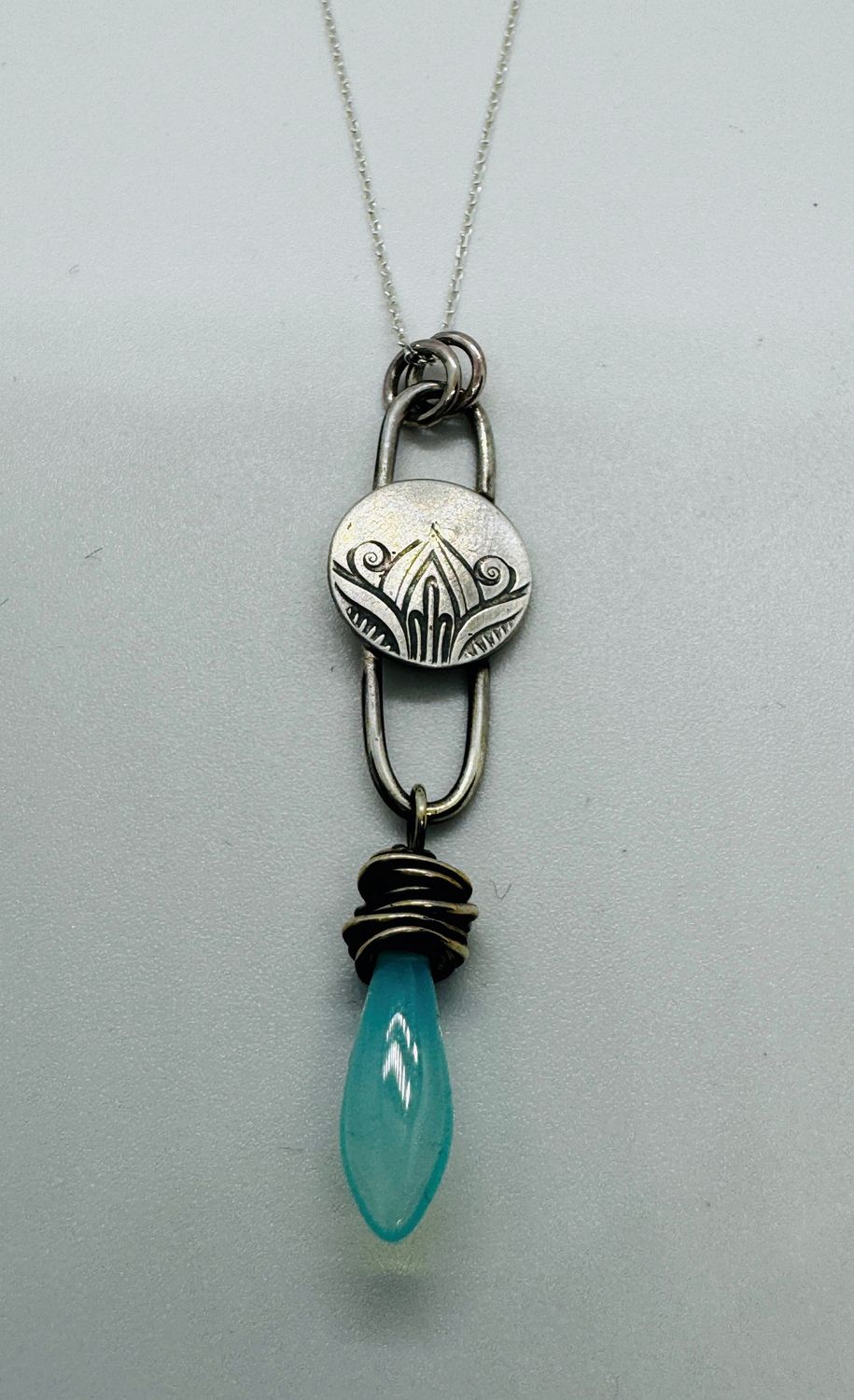 O&#39;Brien Necklace Small Siler Floral w/Blue Czech Glass Bead Drop