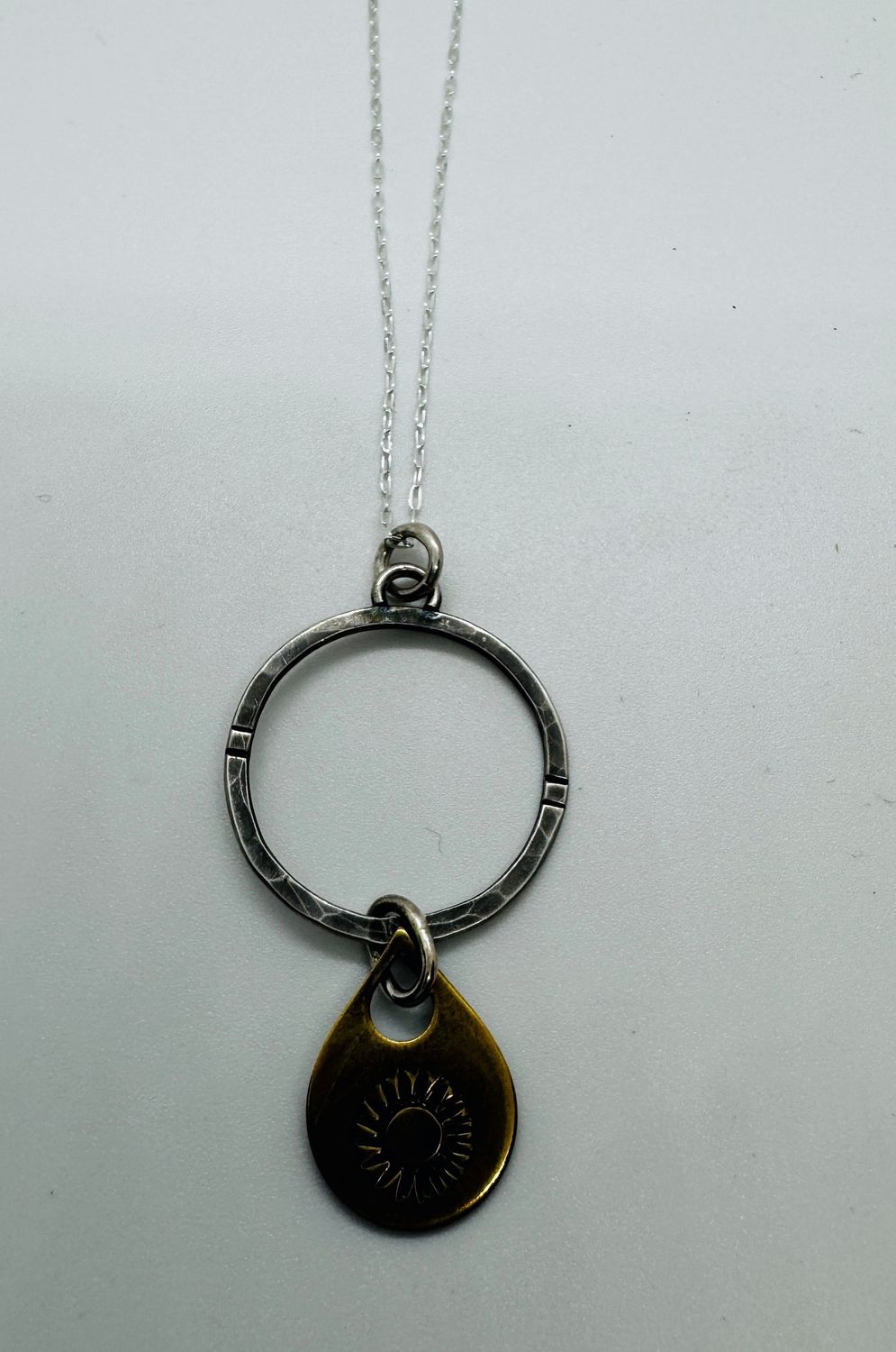 O&#39;Brien Necklace Hammered Circle with Stamped Sun Brass Dangle