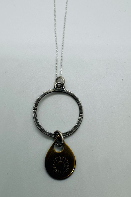 O&#39;Brien Necklace Hammered Circle with Stamped Sun Brass Dangle